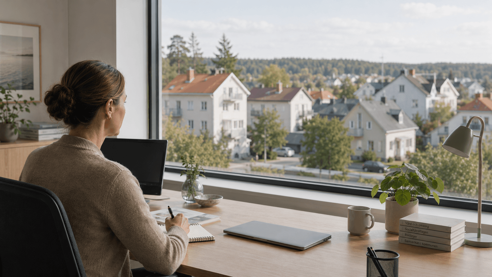 A care coordinator takes notes at a desk by a window overlooking a Scandinavian neighbourhood.