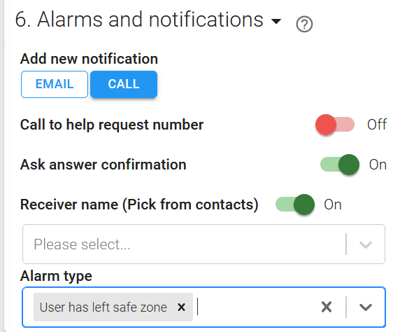 The Navigil Service notification settings, adding an email or call notification for an alarm type.
