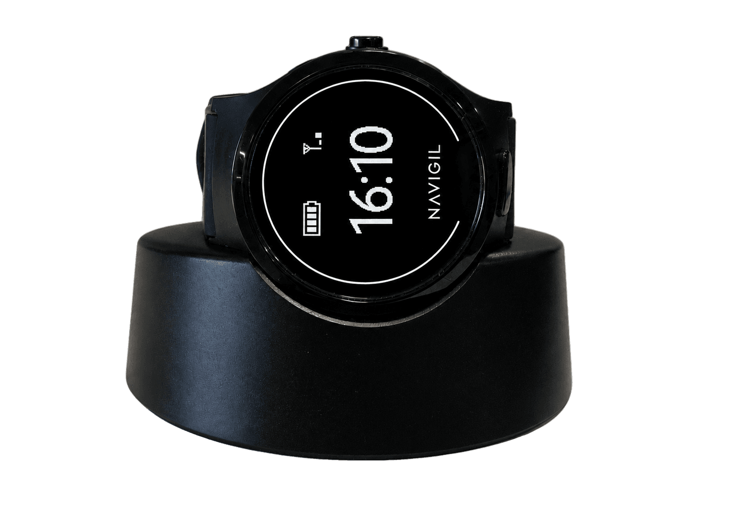 The Navigil 580 D watch resting on its charging station.