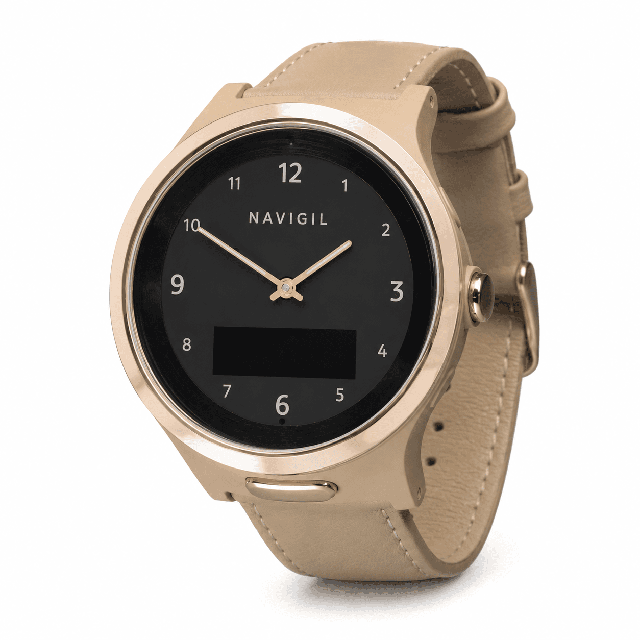 Navigil 580 care watch with a sand strap and rose gold accents.