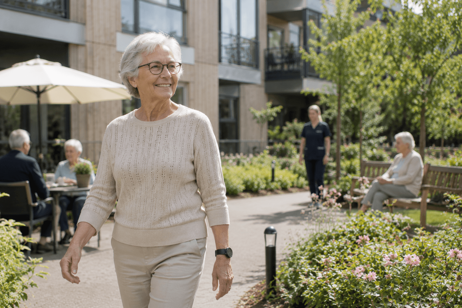 A smiling older woman walks through a sunny garden courtyard of a senior residence.