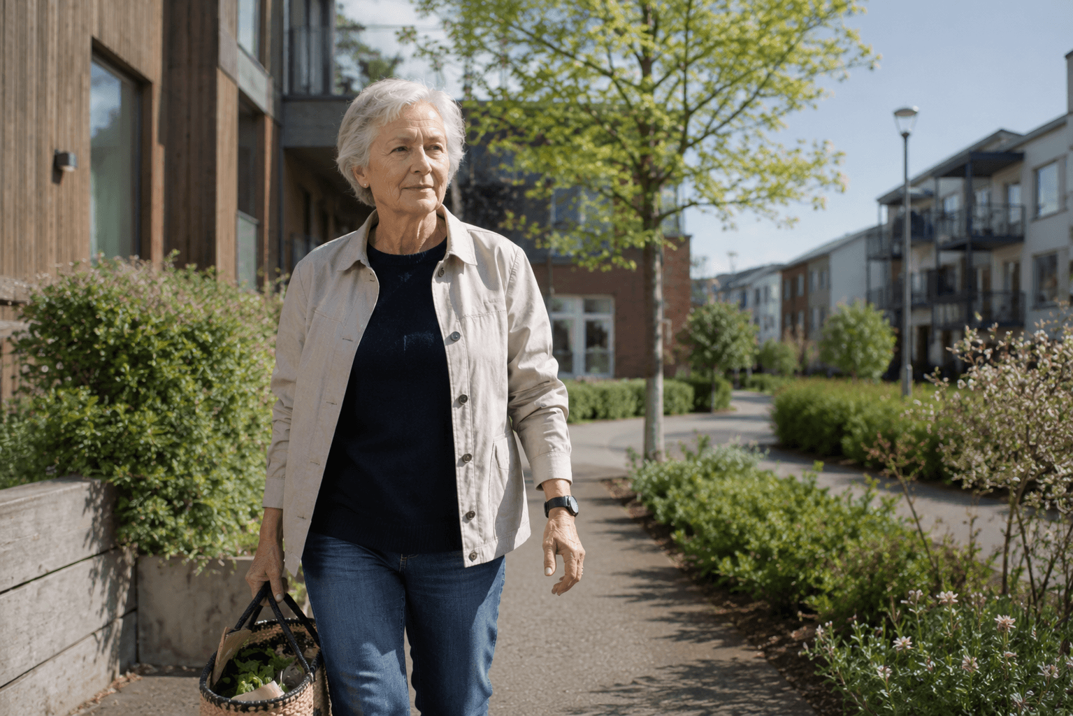 An older woman walks home along a residential street carrying a shopping basket.