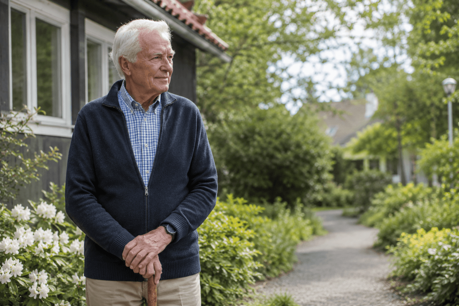 An older man with a walking stick stands on a garden path outside his house.