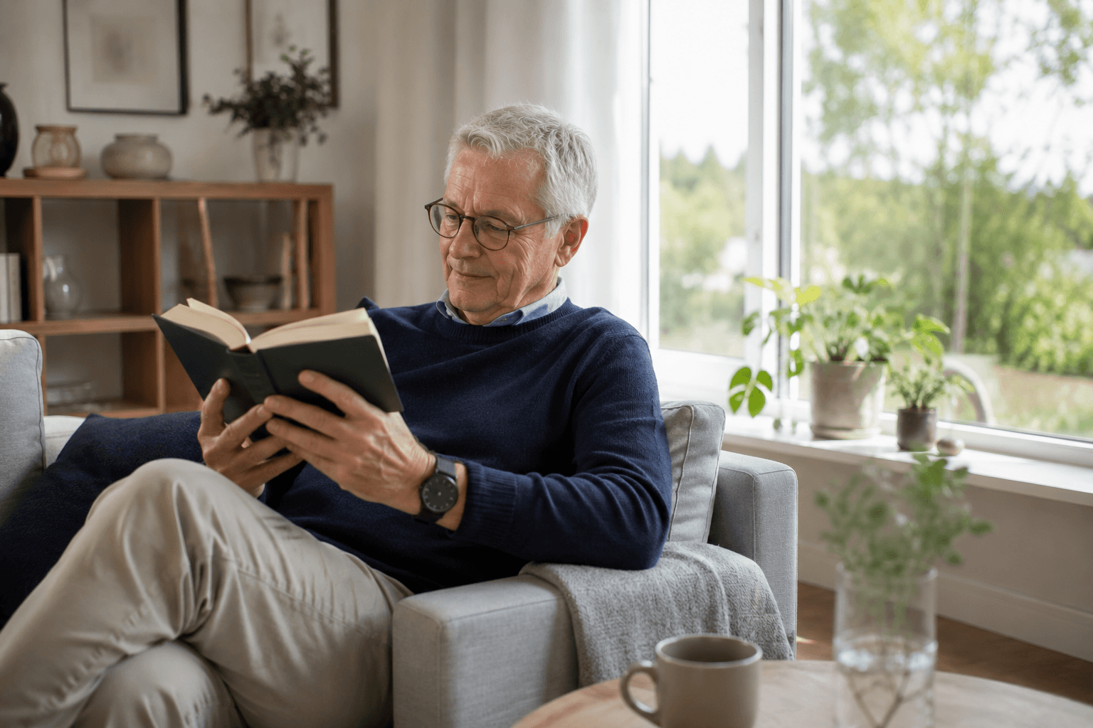 An older man reads a book in an armchair by the window, a watch on his wrist.