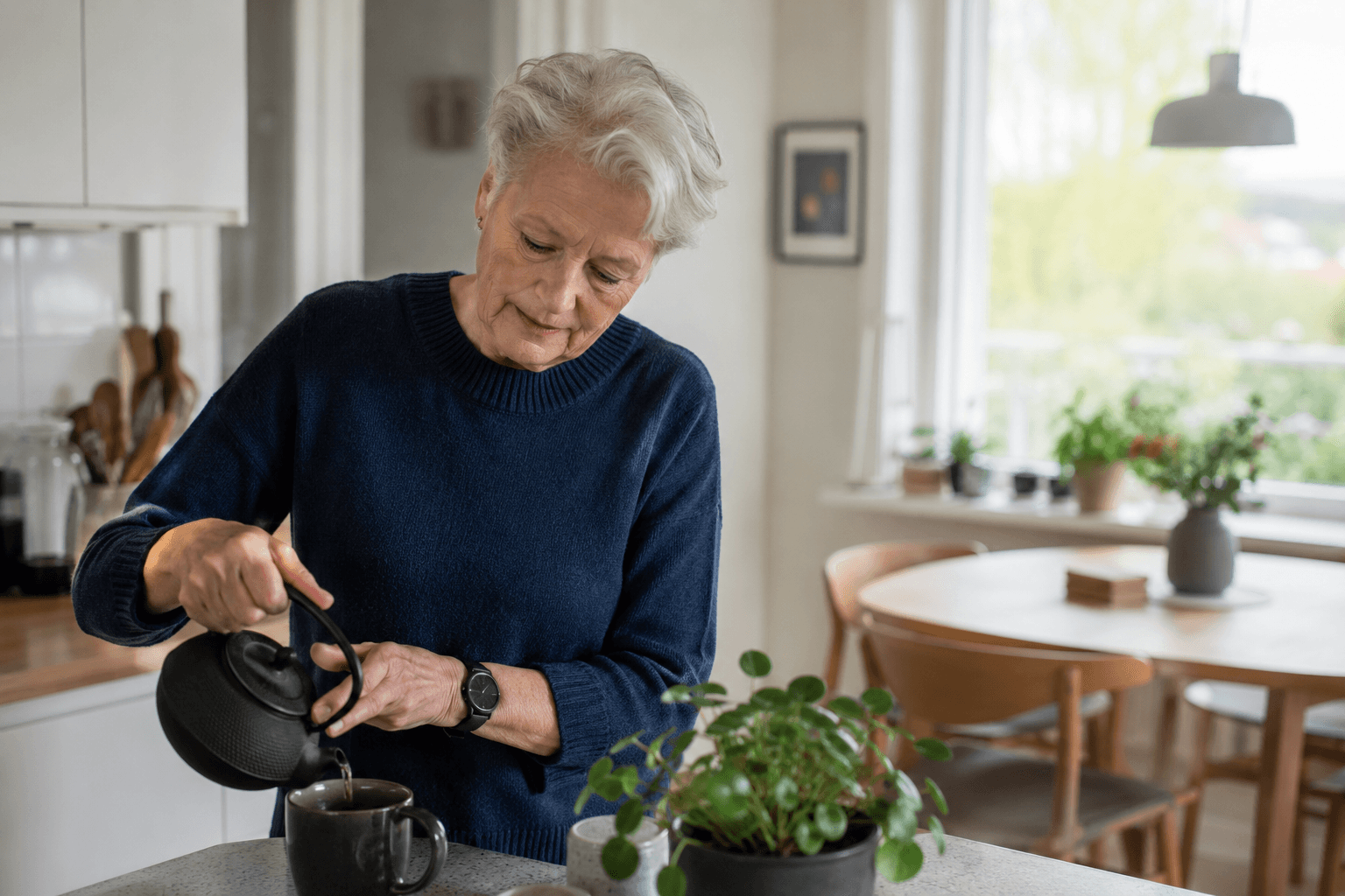 An older woman pours tea in her bright kitchen at home, wearing a wristwatch.