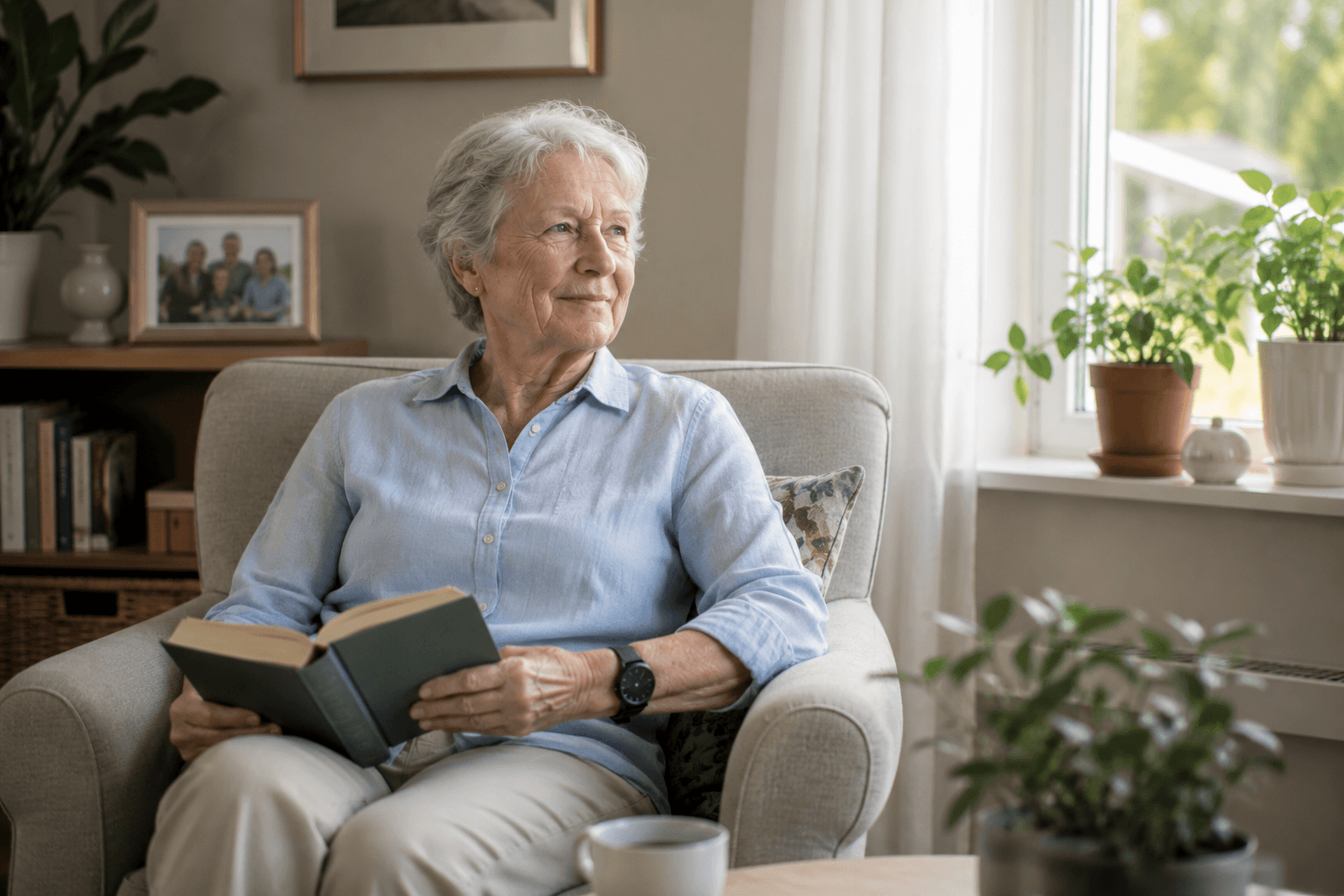 An older woman sits contentedly in an armchair at home with a book and a cup of coffee.