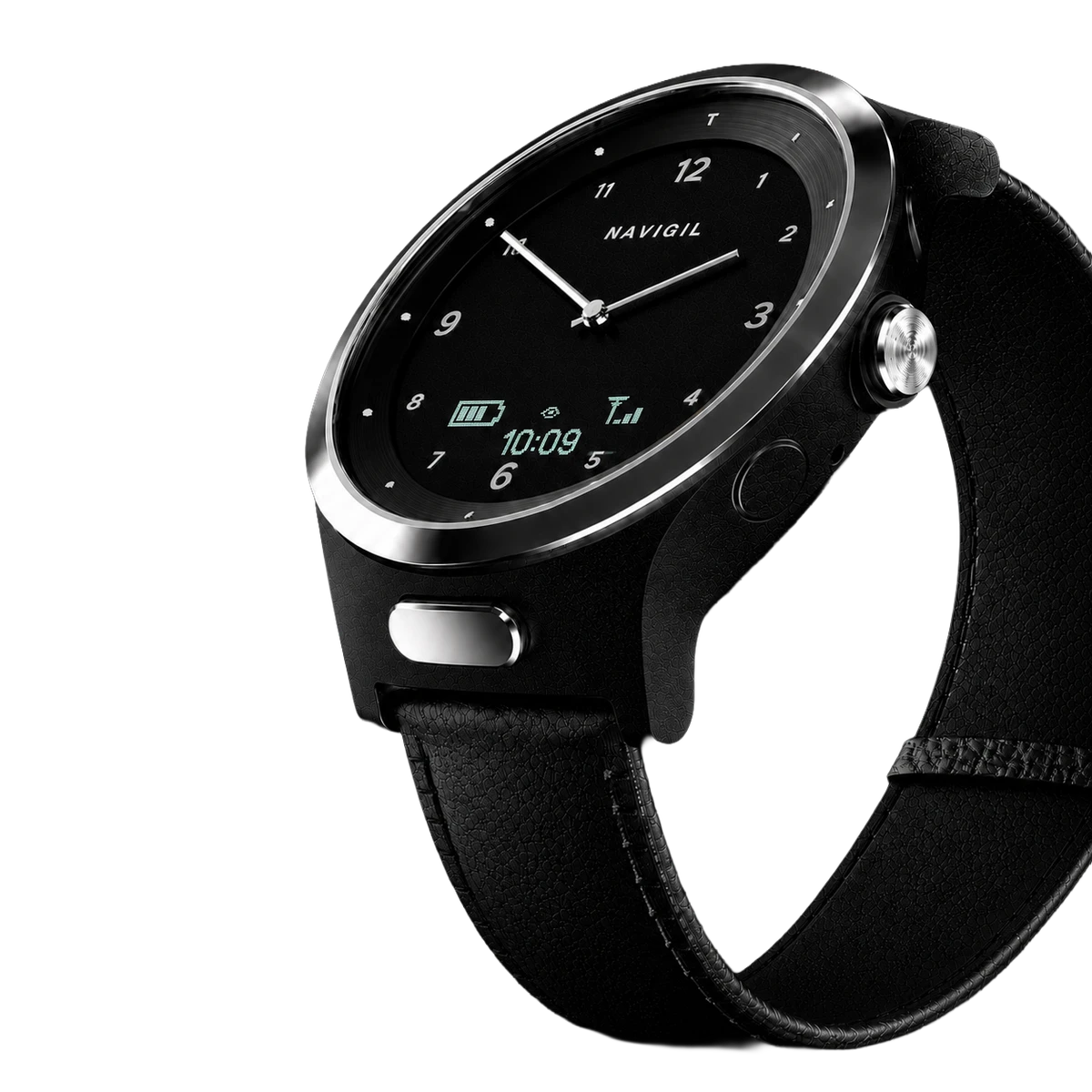 Navigil 580 care watch in black with a polished silver bezel.