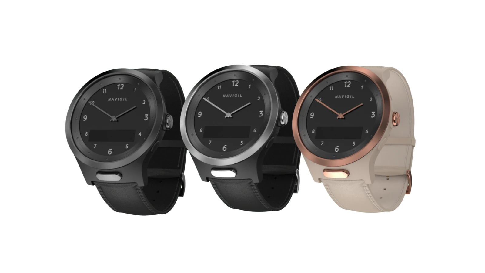 Three Navigil 580 watches side by side: black, black with a silver bezel, and rose gold with a cream strap.